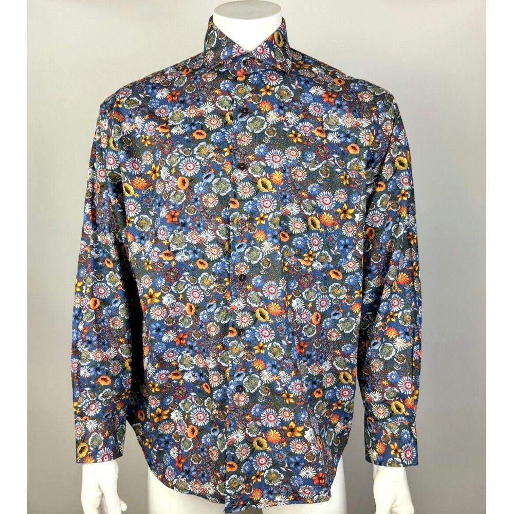 Alan Flusser Long Sleeve Floral Shirt Mens L EUC Cotton Button-up Collared Blue